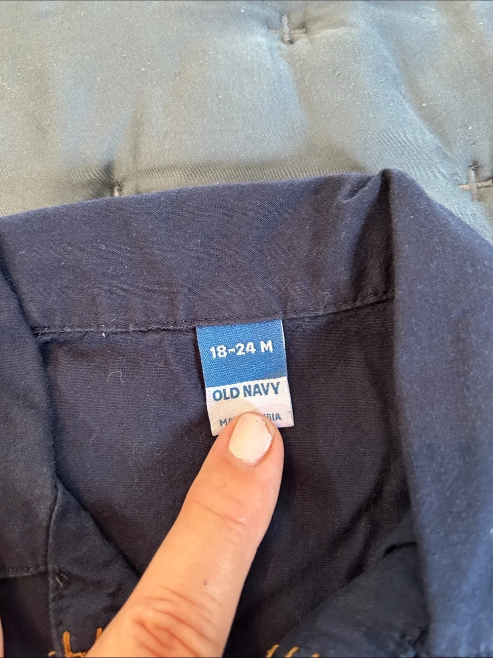 Old Navy navy blue button-down shirt with embroidered palm and flower